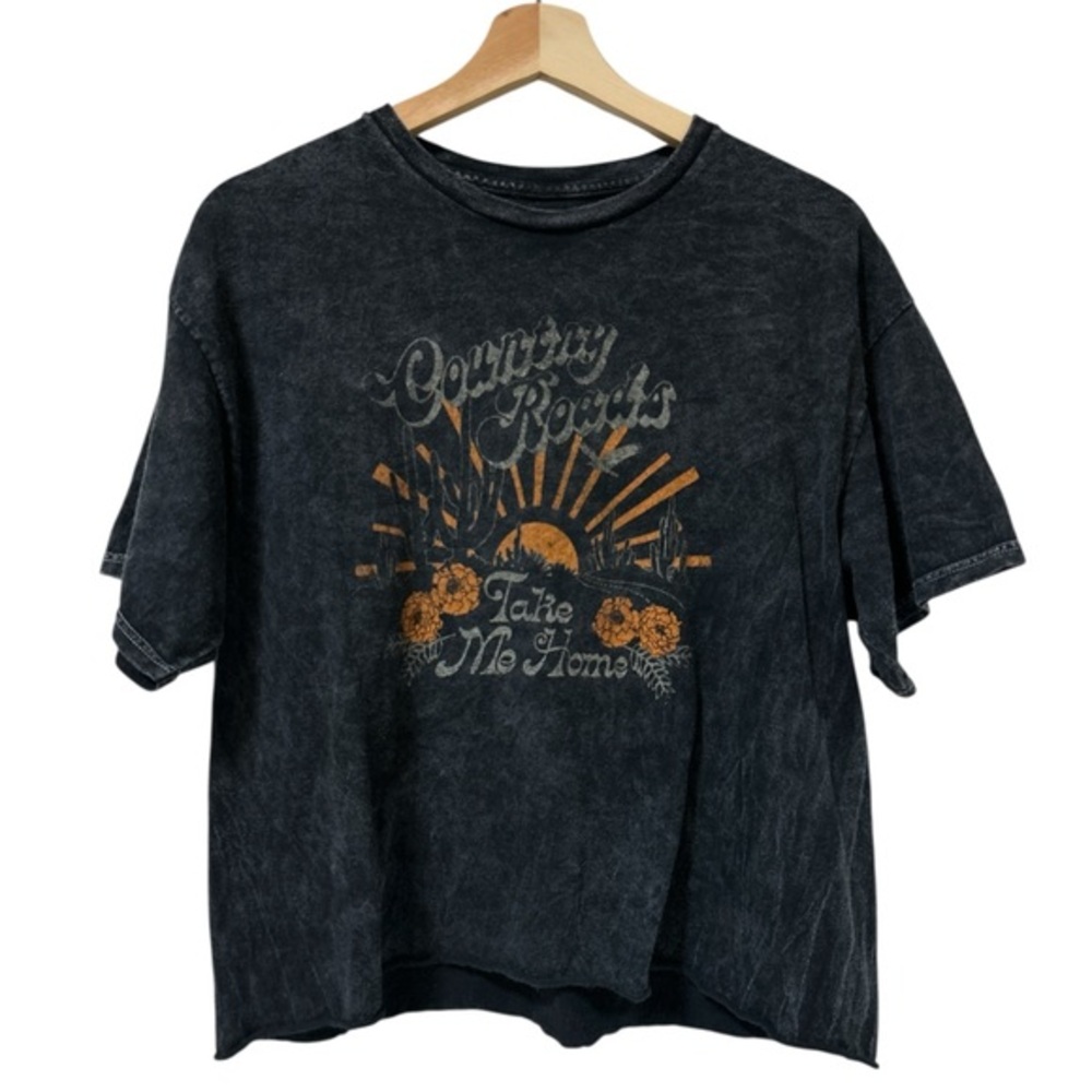 Fifth Sun Short Women Large Black Acid‎ Wash Tee Take Me Home Country Band Boho